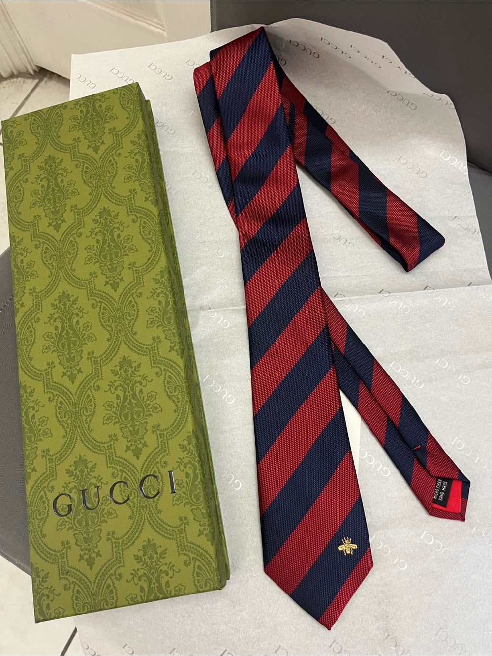 Gucci Navy and Red Diagonal Stripe Silk Tie with Bee Motif